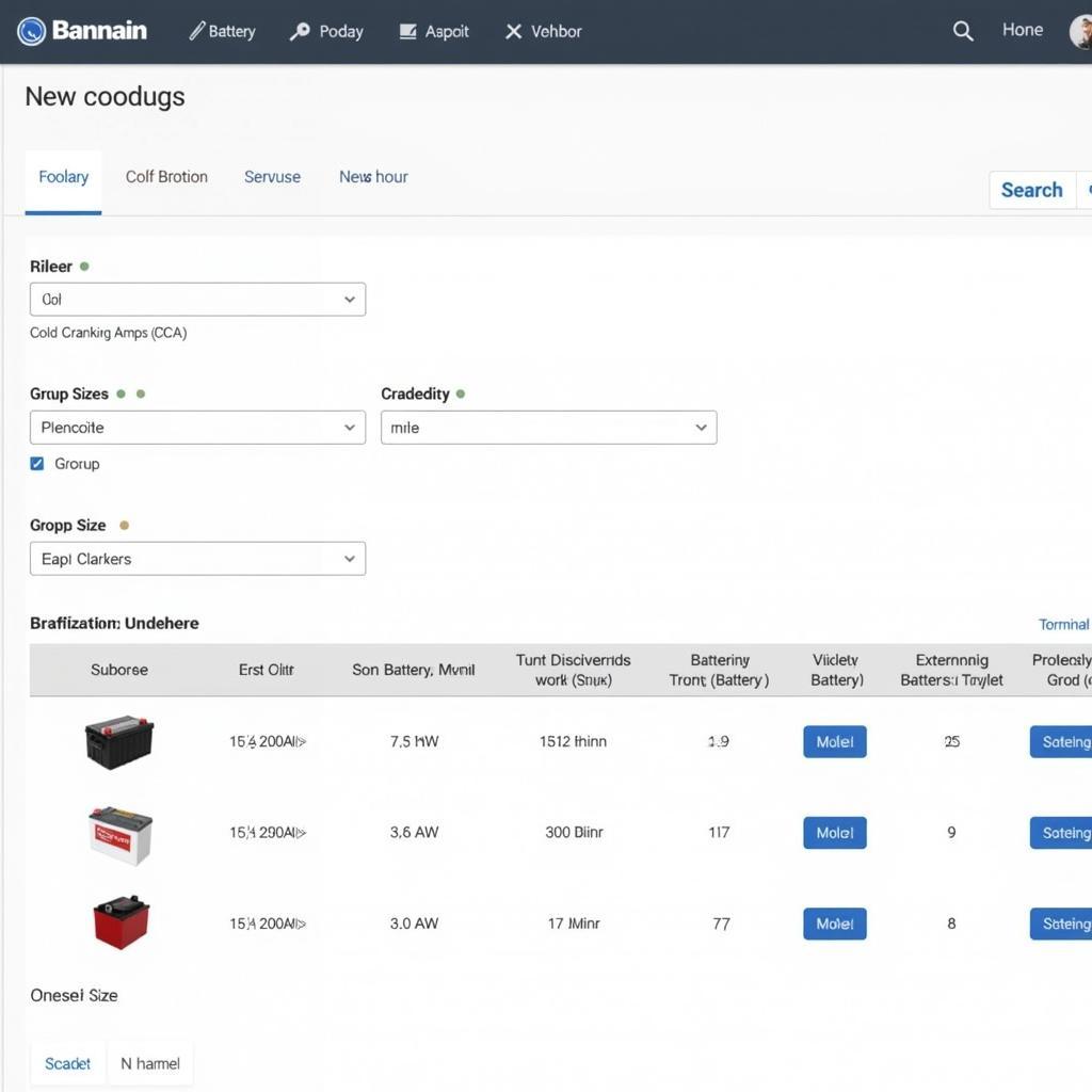 Online car battery search tool database showing different battery options