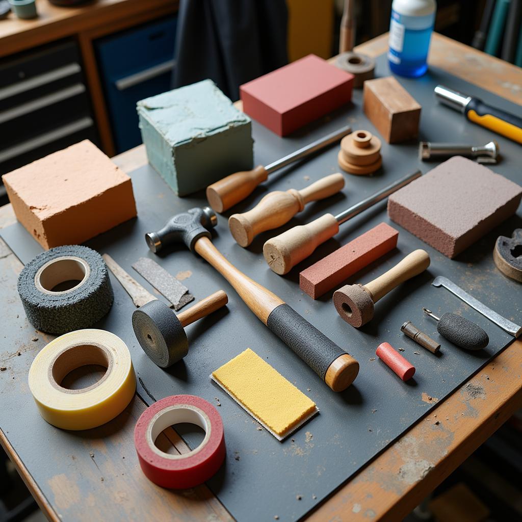 Car body preparation tools kit displayed on a workbench.