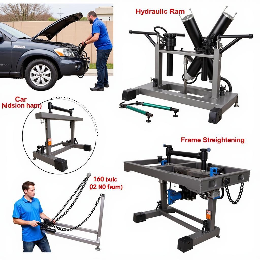 Car Body Press Tools in Action: Demonstrating the use of various car body press tools in a professional auto body repair shop.