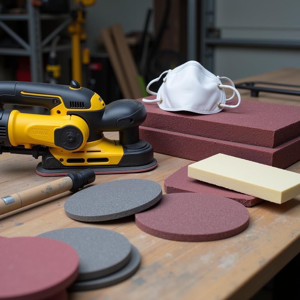 Car body sanding tools kit with orbital sander, sanding blocks, and sandpaper