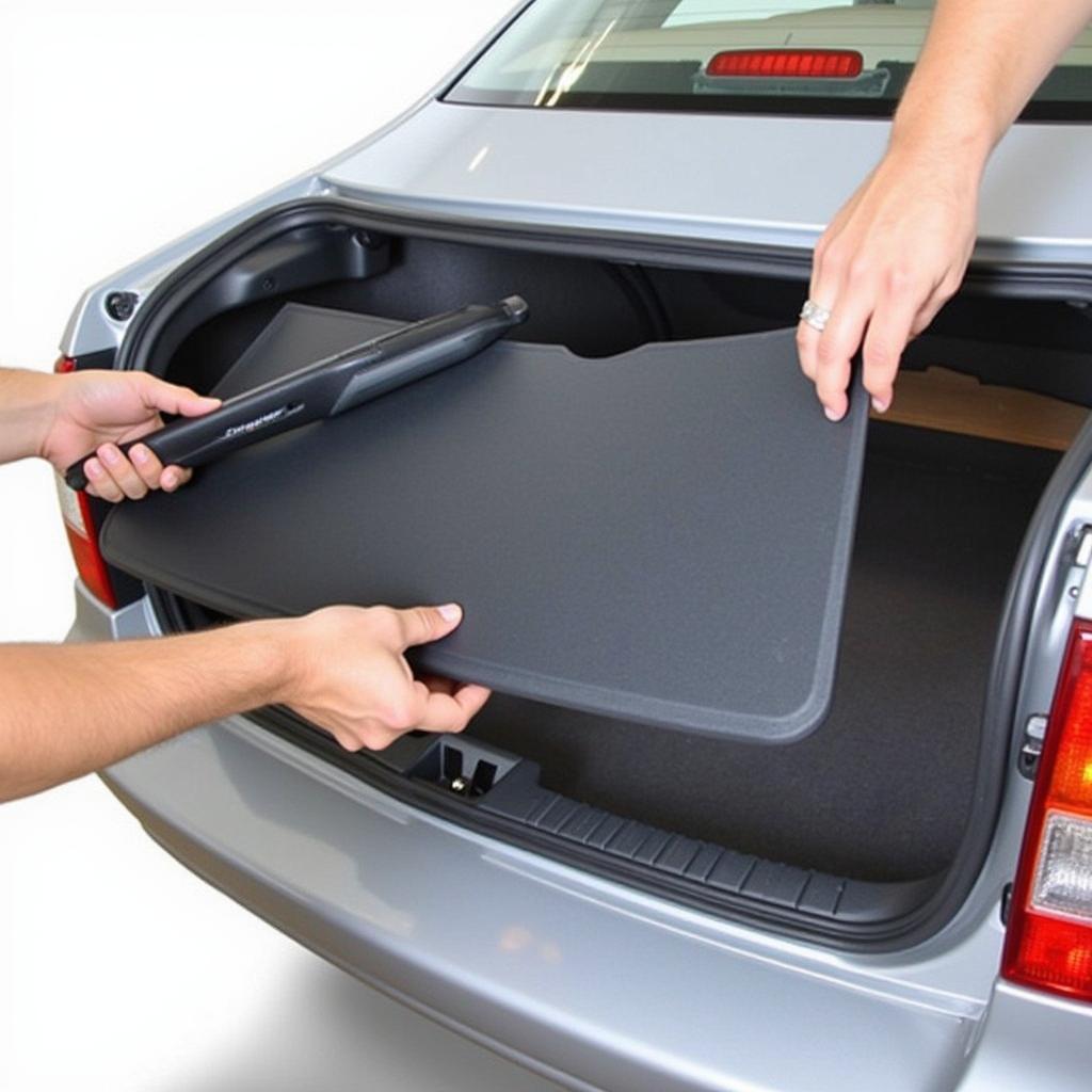 Removing Car Boot Panel with Plastic Pry Tool: A plastic pry tool is carefully inserted between the panel and the car body to release the clips.