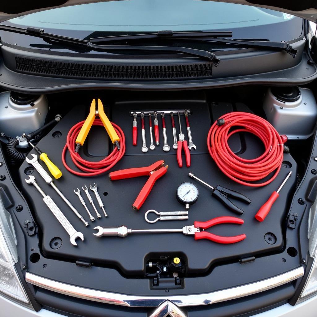 Car Breakdown Tool Kit Essentials: Jumper cables, tire pressure gauge, and various tools laid out on a car hood.