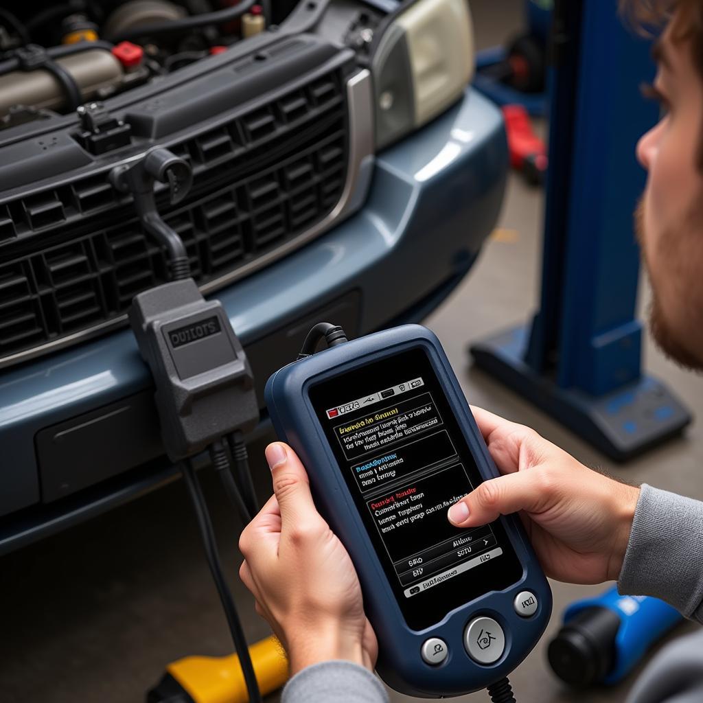 Car care enthusiast using a scan tool to diagnose a car problem