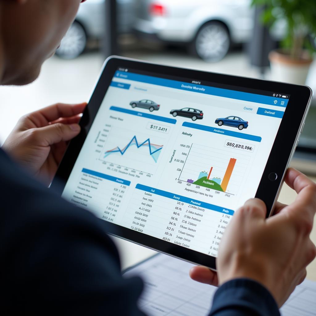 Car Dealer Analyzing Auction Data on Tablet