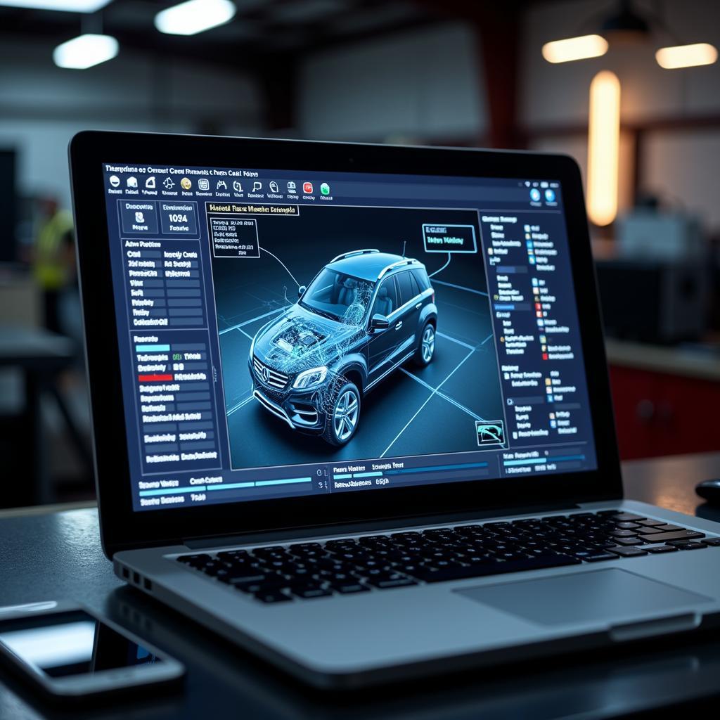 A laptop displaying a car diagnostic software interface, showing various parameters and error codes.