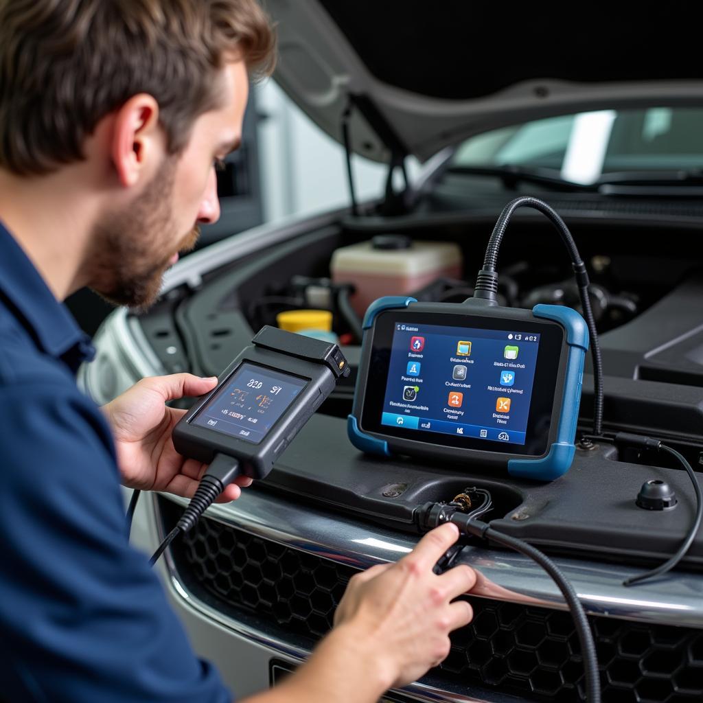 A mechanic using a car diagnostic tool auto scanner to check a vehicle's engine.