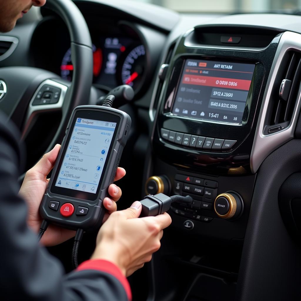 Mechanic using a car diagnostic tool to troubleshoot a vehicle