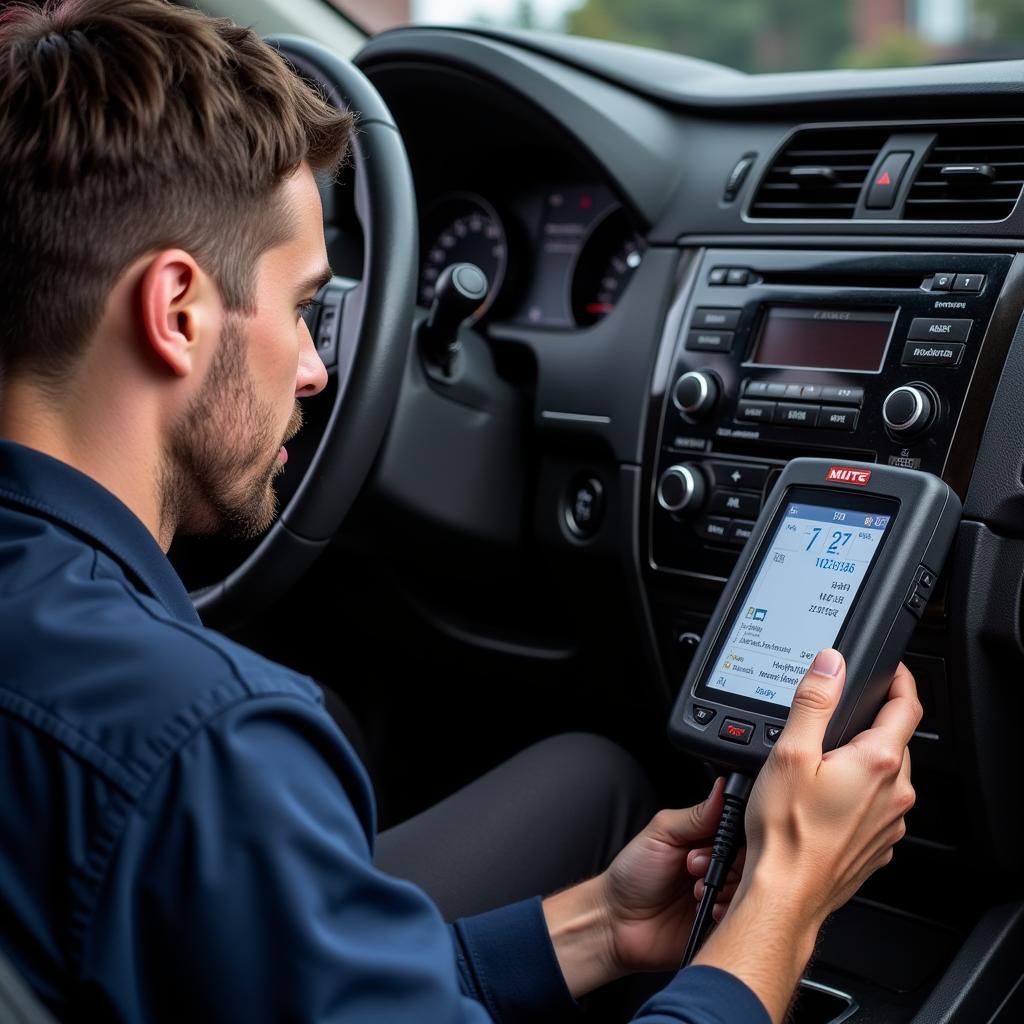 Mechanic Using a Car Diagnostic Tool to Troubleshoot a Vehicle