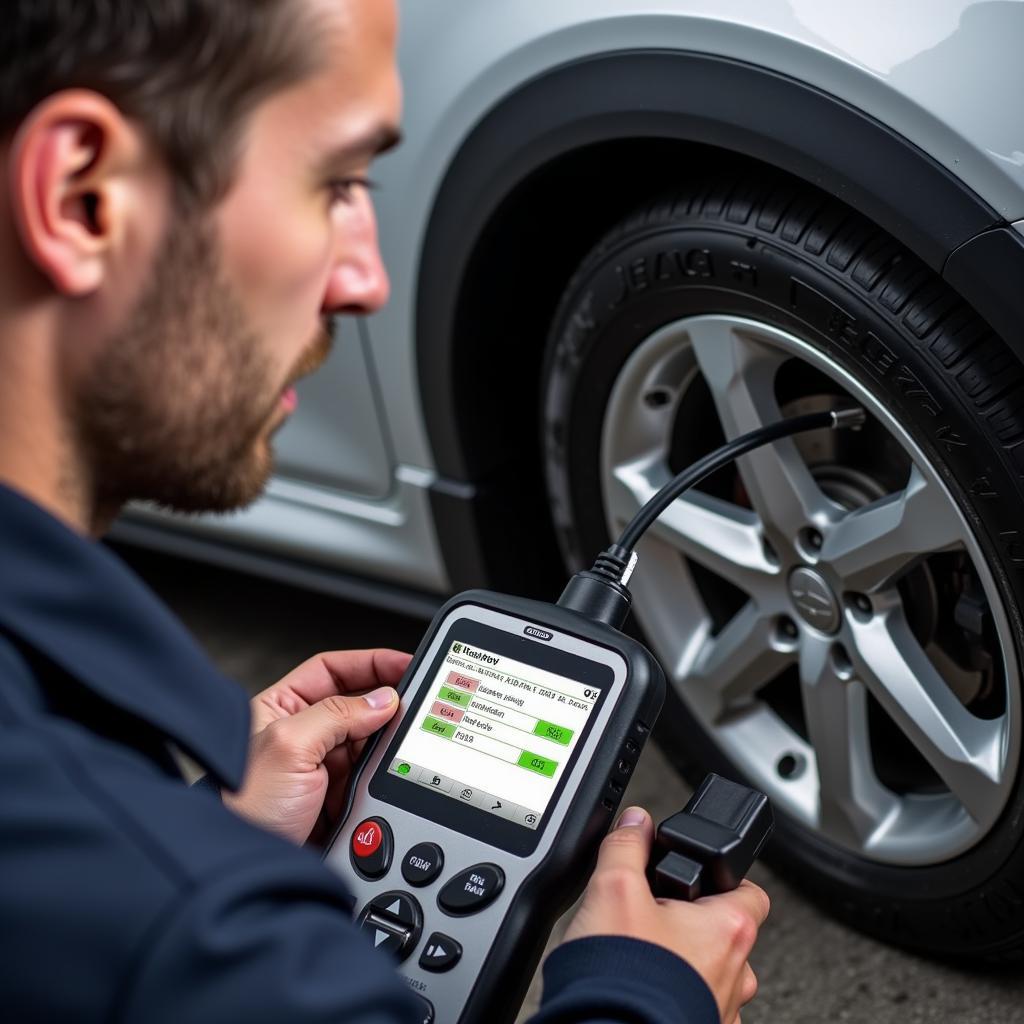 Mechanic Using a Car Diagnostic Tool to Check Engine