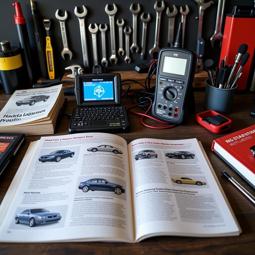 Car Diagnostic Tools and Manuals Spread Out on a Workbench