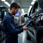 Car Diagnostic Tools in Action: Mechanic Using Scanner on a Modern Vehicle