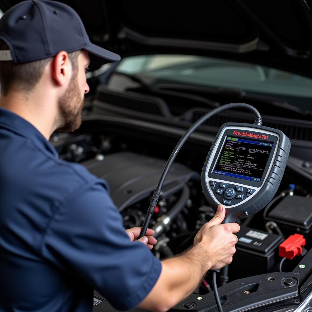 Mechanic Using Car Diagnostic Tools to Troubleshoot a Vehicle