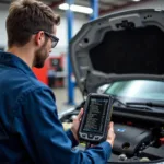 Car Diagnostics Halt Tool: A mechanic uses a diagnostic scanner to identify the reason for a vehicle suddenly halting.