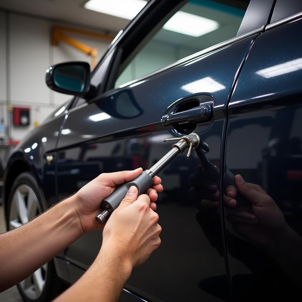 Car door hinge bending tool being used to realign a misaligned car door hinge