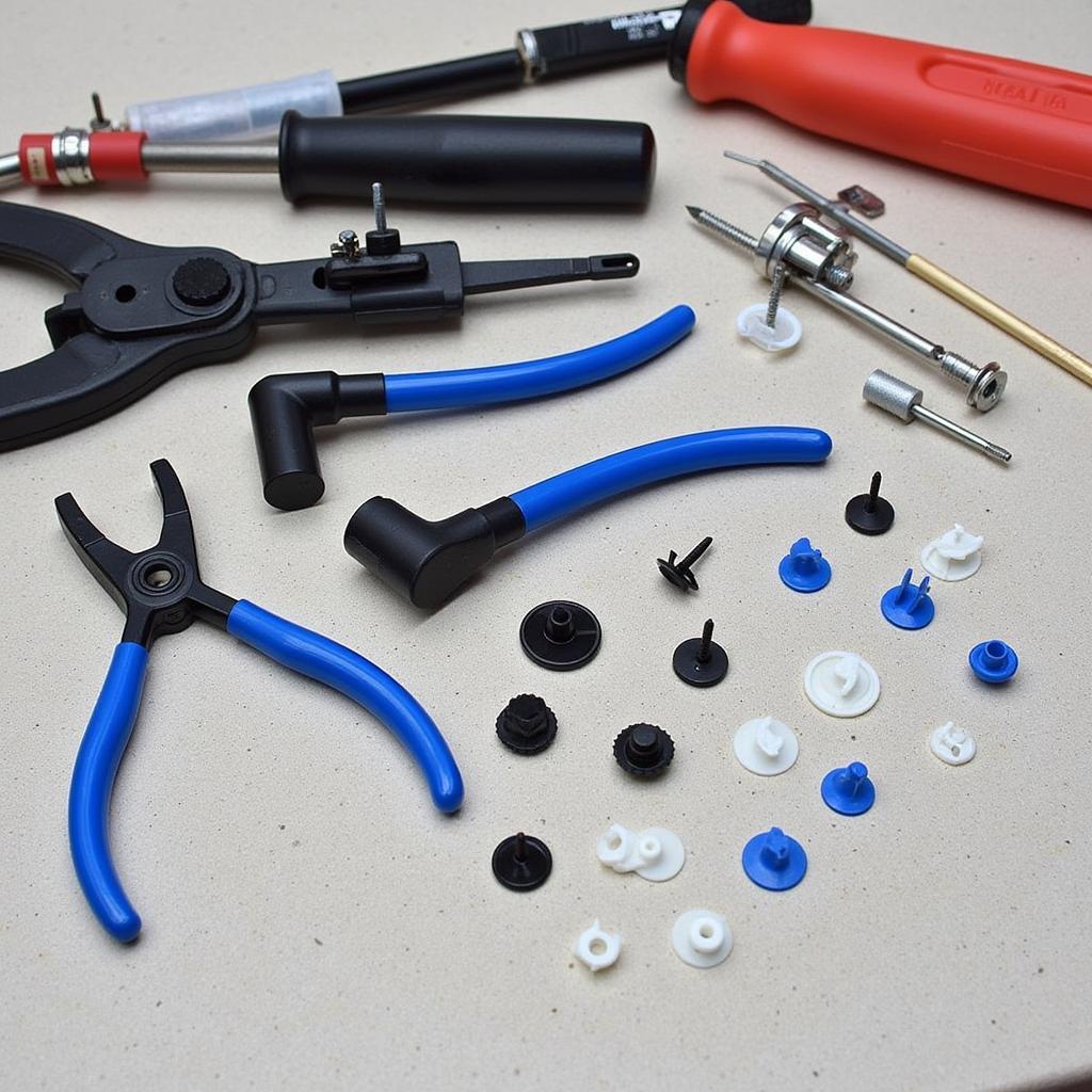 Car door panel removal tool kit with various tools for different fastener types