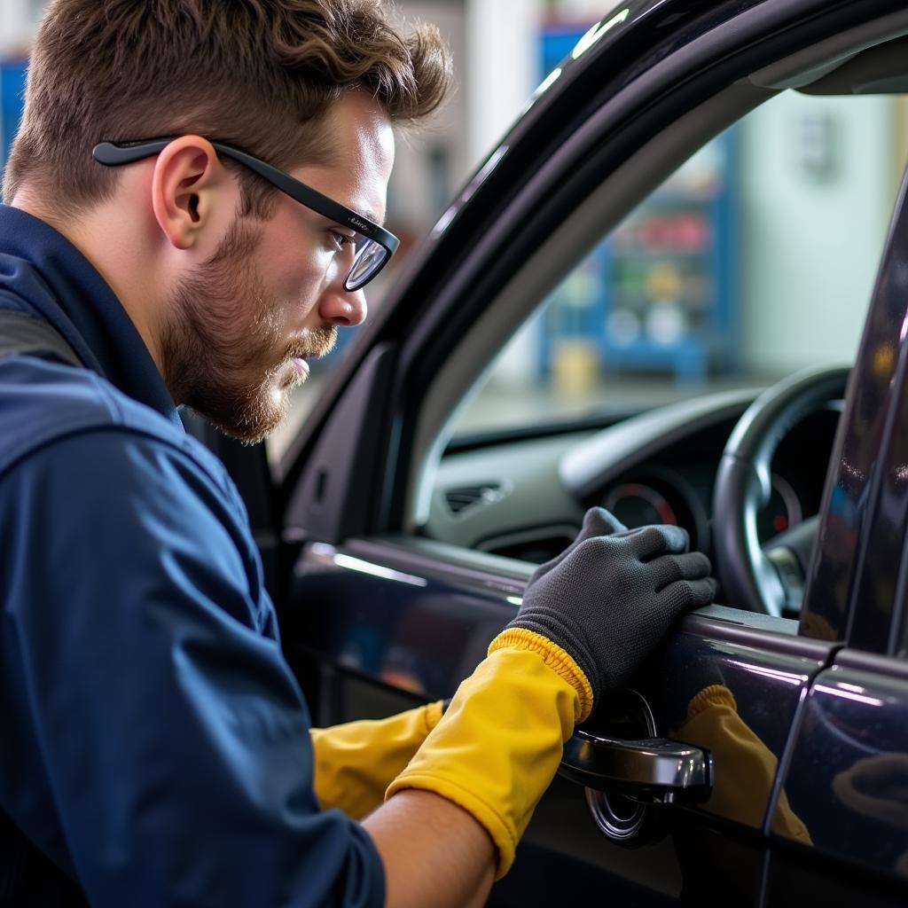 Mechanic wearing safety glasses and gloves while removing a car door