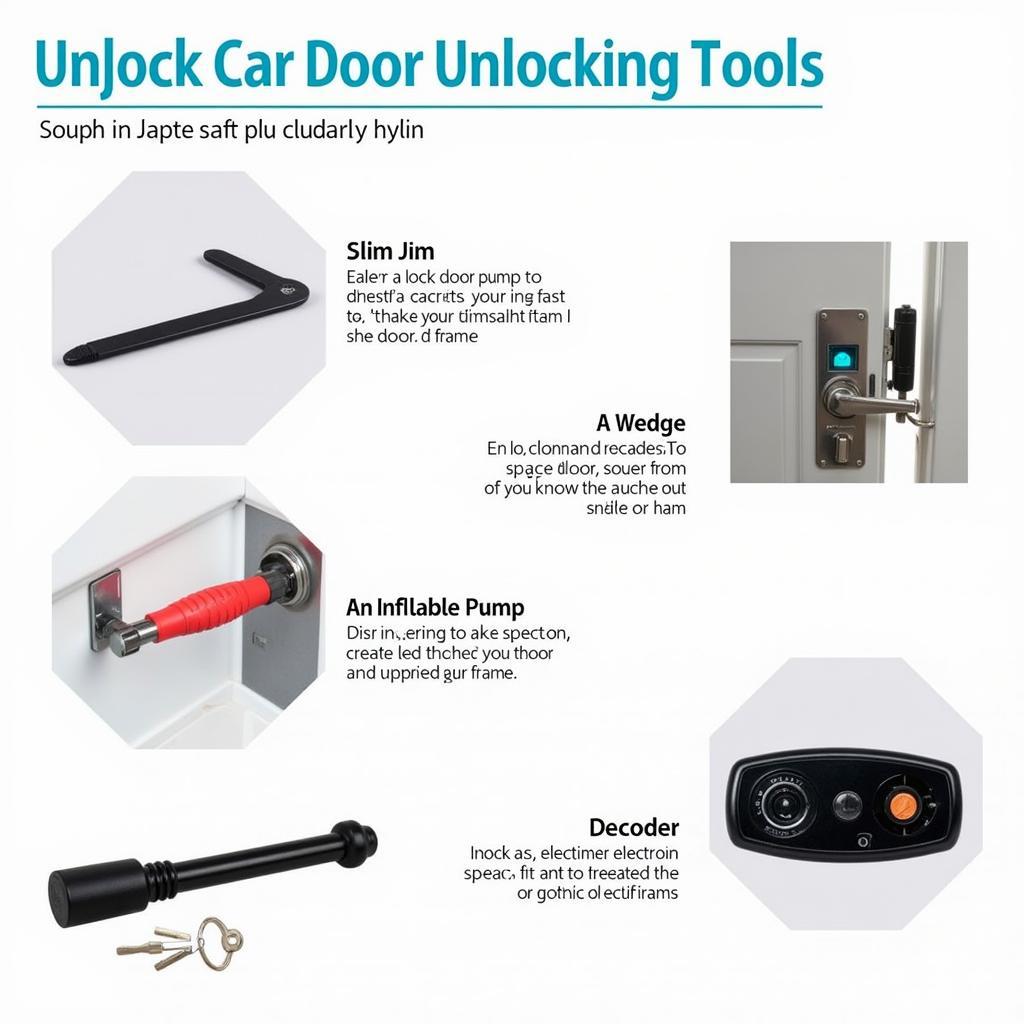 Various Car Door Unlocking Tools: Slim Jim, Wedge, Inflatable Pump, and Electronic Decoder