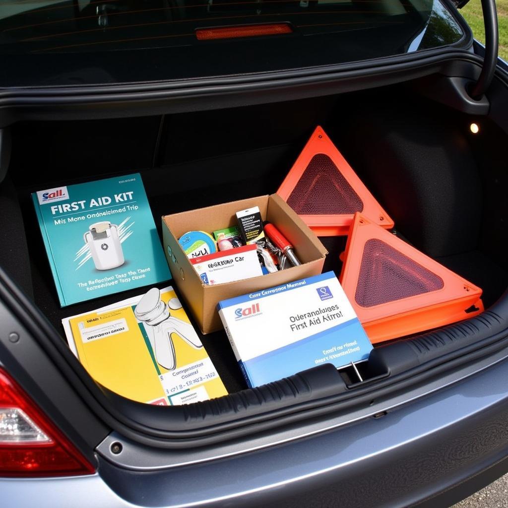 Car Emergency Kit Essentials: First-aid kit, reflective triangles, and owner's manual.