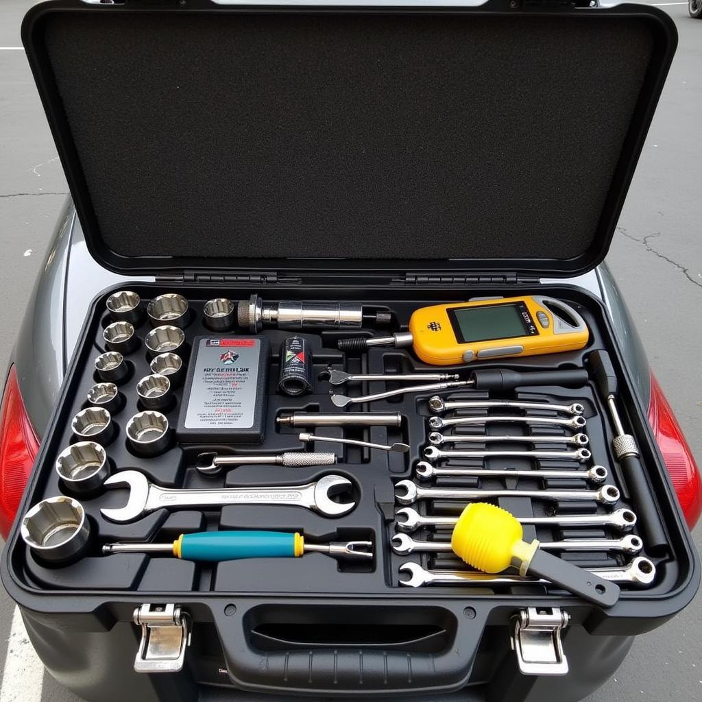 A comprehensive set of car engine tools arranged neatly in a toolbox.