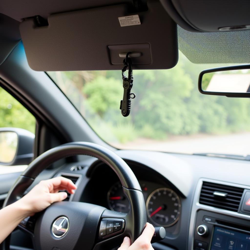 Car Escape Tool Mounted on Visor for Easy Access