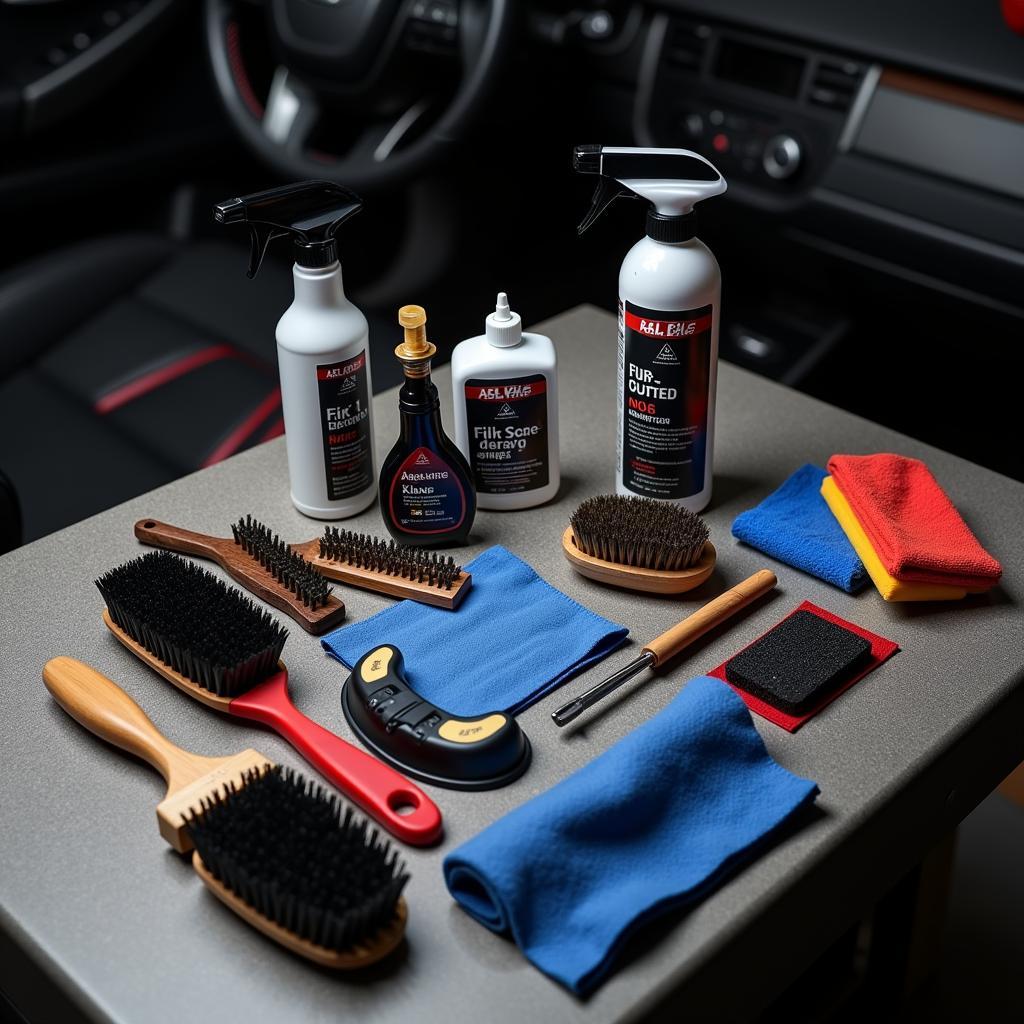 Car interior detailing tools kit displayed on a workbench.