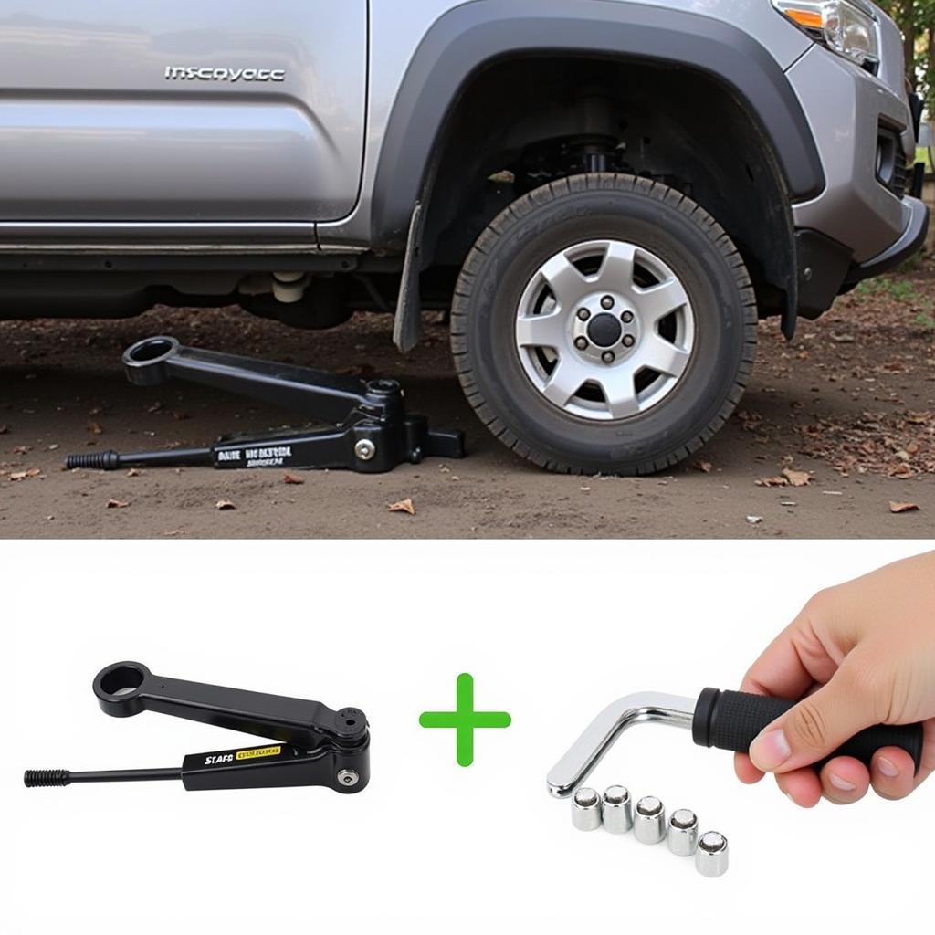 Car jack and lug wrench being used to change a tire