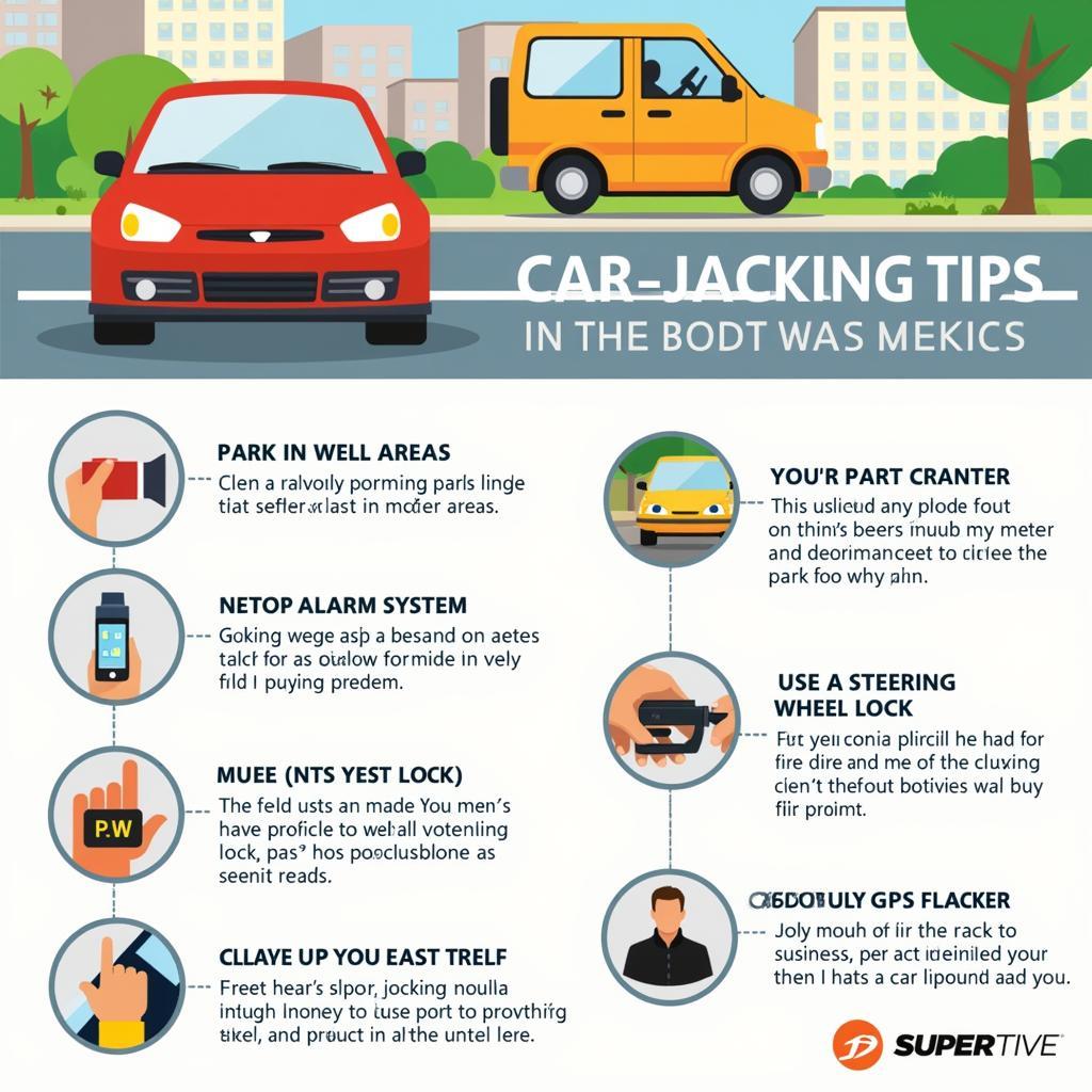 Car jacking prevention tips, such as parking in well-lit areas, installing an alarm, and using a GPS tracker.