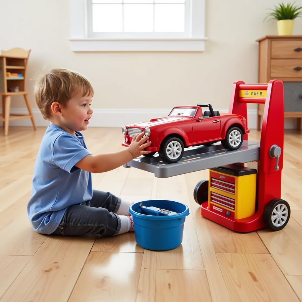 Child using a toy car lift