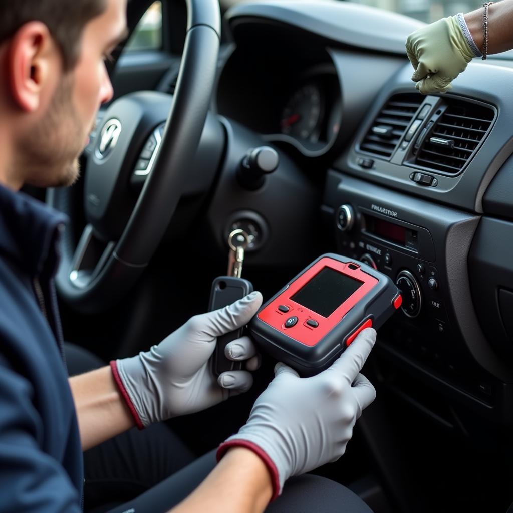 Car Locksmith Using Key Programmer on Modern Vehicle