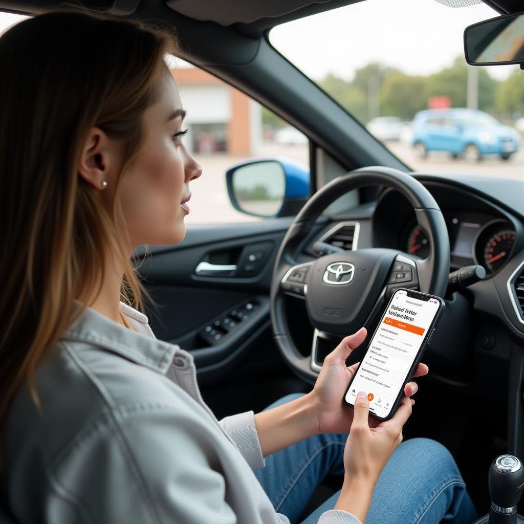 Car Market Analysis Tools for Selling: A woman uses her phone to access a car valuation website, while parked in front of her car, which she intends to sell.