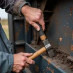 Off-road vehicle repair using miner tools for metal fabrication