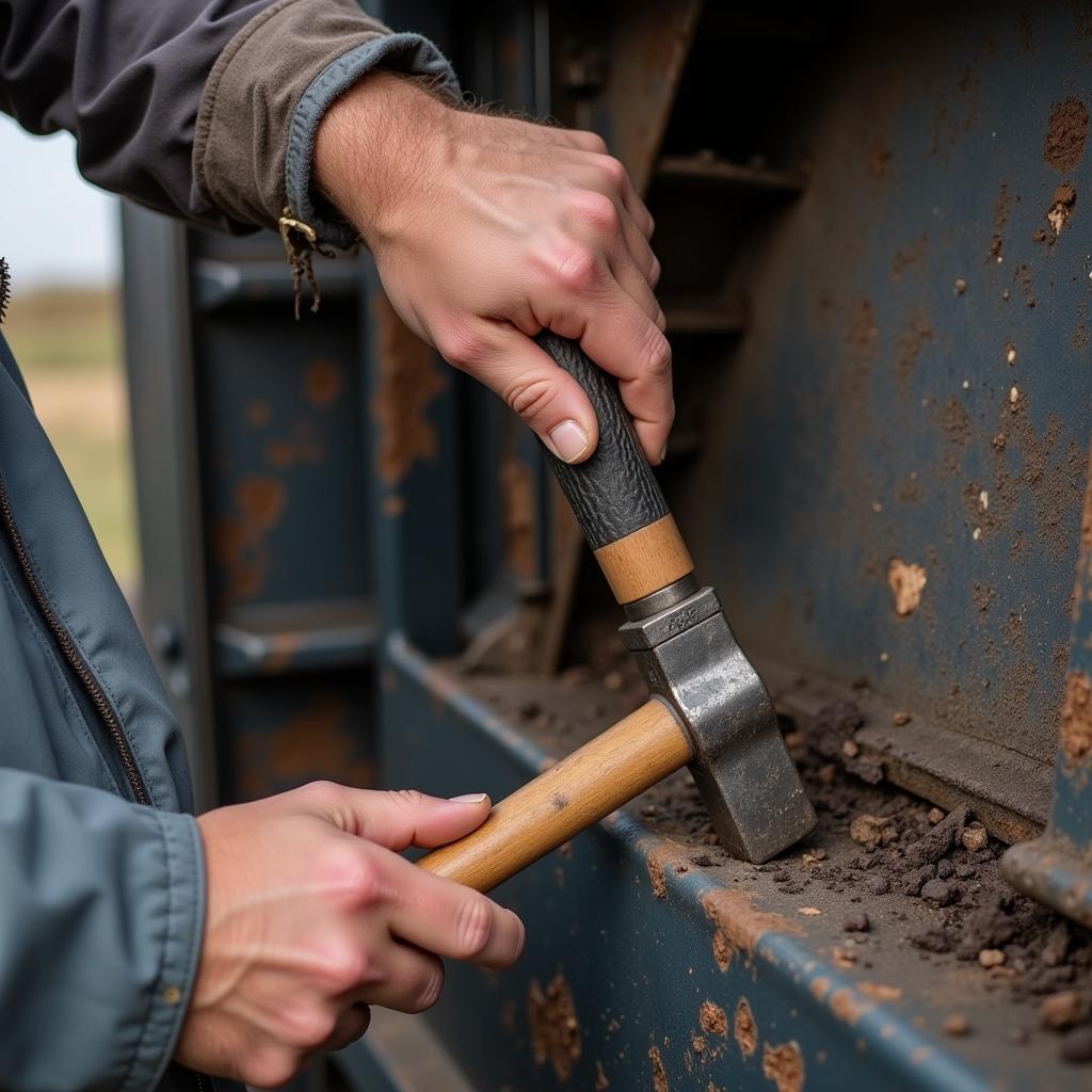 Off-road vehicle repair using miner tools for metal fabrication