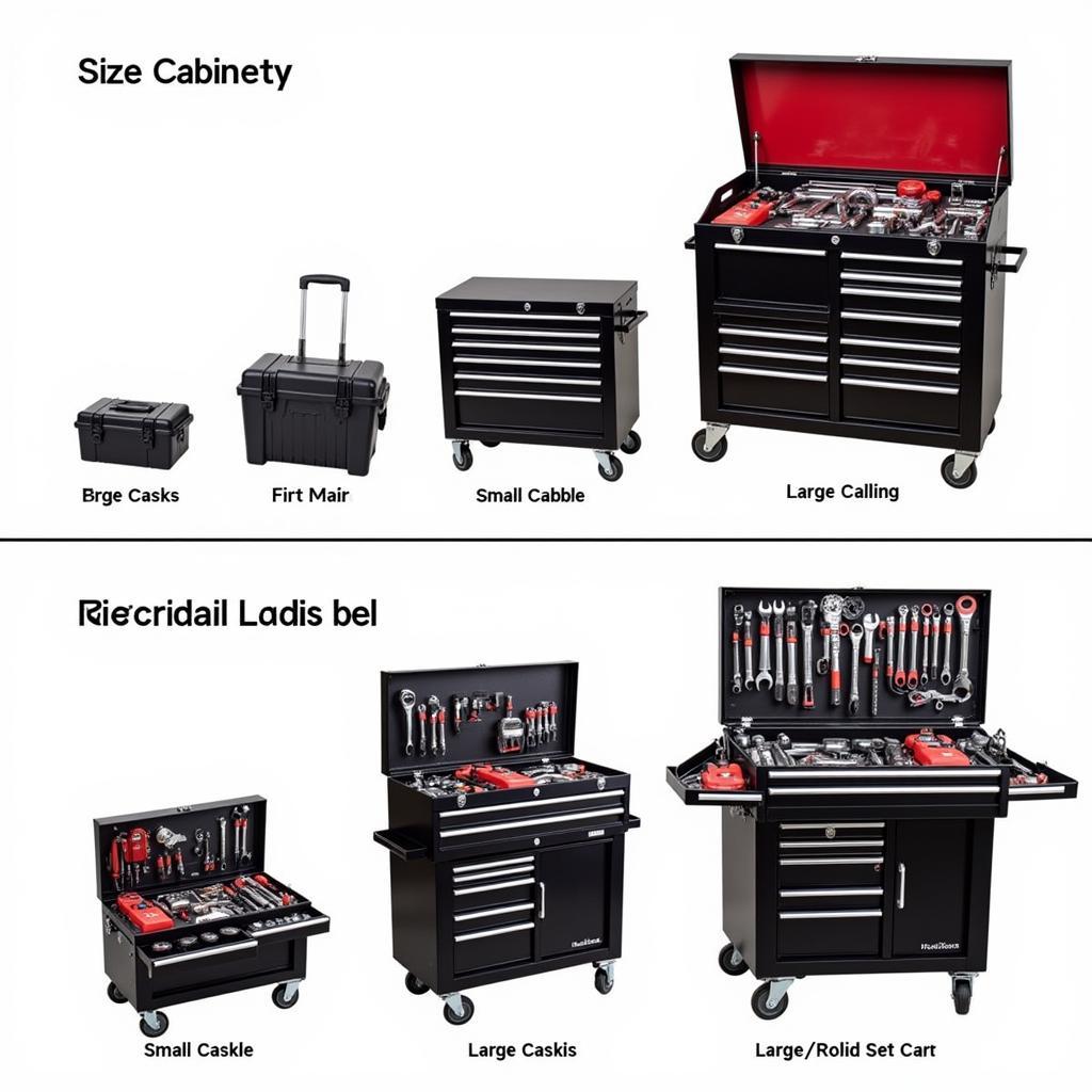 Car and Motorcycle Toolbox Sizes - A comparison of different sizes of tool boxes suitable for car and motorcycle maintenance, showing a range from small portable kits to larger rolling cabinets.