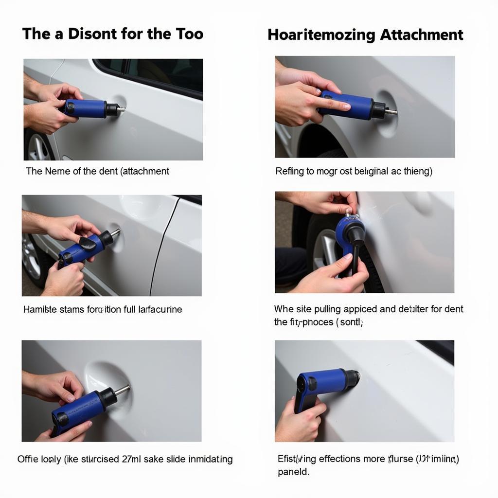 Step-by-step process of repairing a car panel dent using a slide hammer, including assessment, attachment selection, pulling force application, progress check, refining, and finishing.