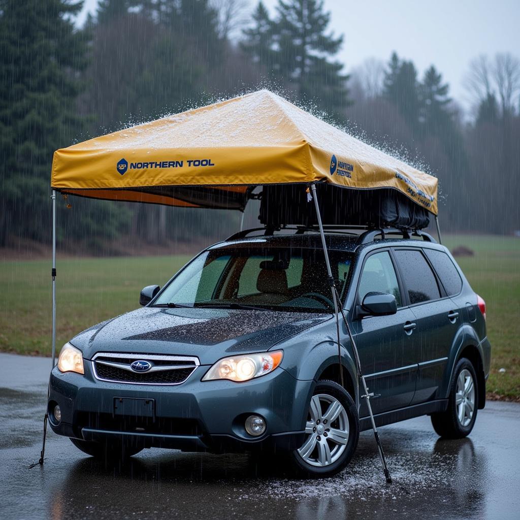 Car Protected Under Canopy During Hailstorm