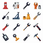 Assortment of car repair tools clipart, including wrenches, screwdrivers, jacks, and diagnostic equipment.