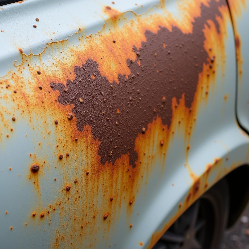 Close-up image of rust damage on a car panel