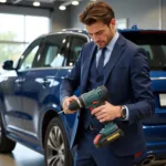 Car salesman utilizing a cordless drill to attach a license plate.