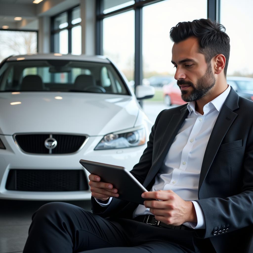 Car salesman using a CRM on a tablet to manage customer data.