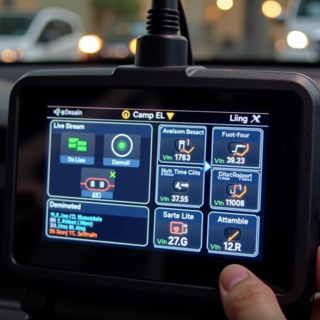 Car scan tool displaying various features like live data and DTCs.