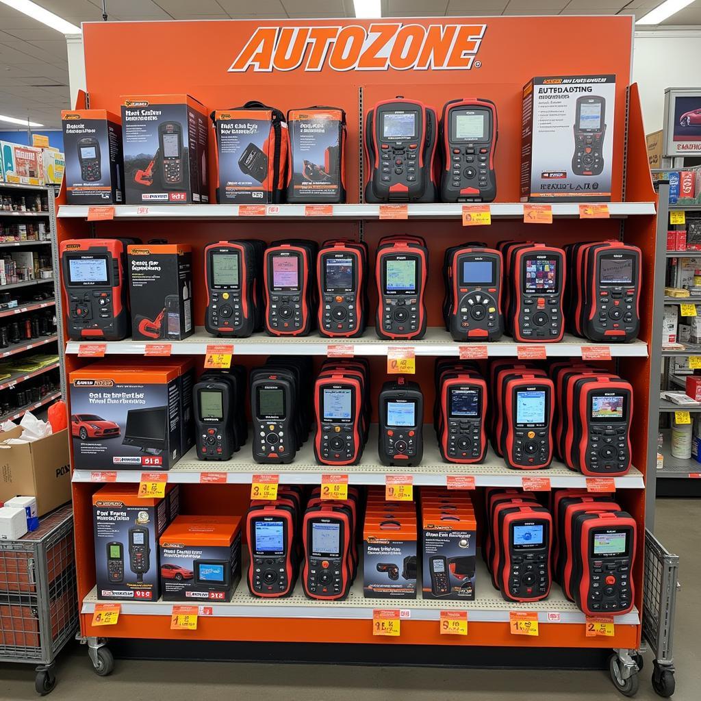 Wide selection of car scanner diagnostic tools at an Autozone store