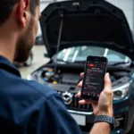 Mechanic using a car scanner tool app on a smartphone to diagnose a vehicle's engine.