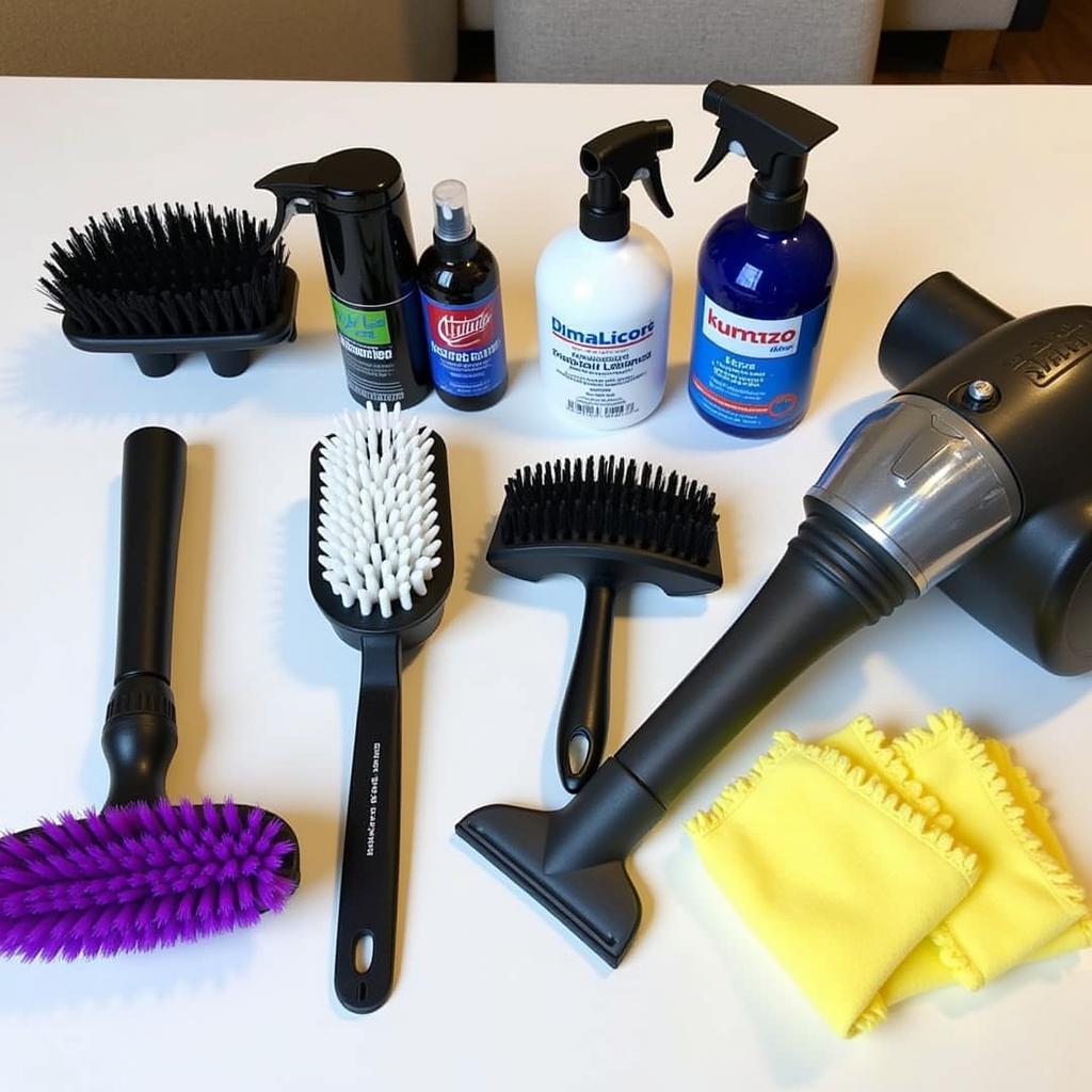 Various car seat cleaning tools including brushes, vacuums, and cleaning solutions