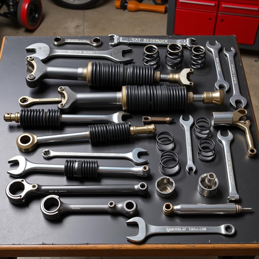 Car Shock Absorber Tools Kit Displaying Various Wrenches, Sockets, and Specialized Tools