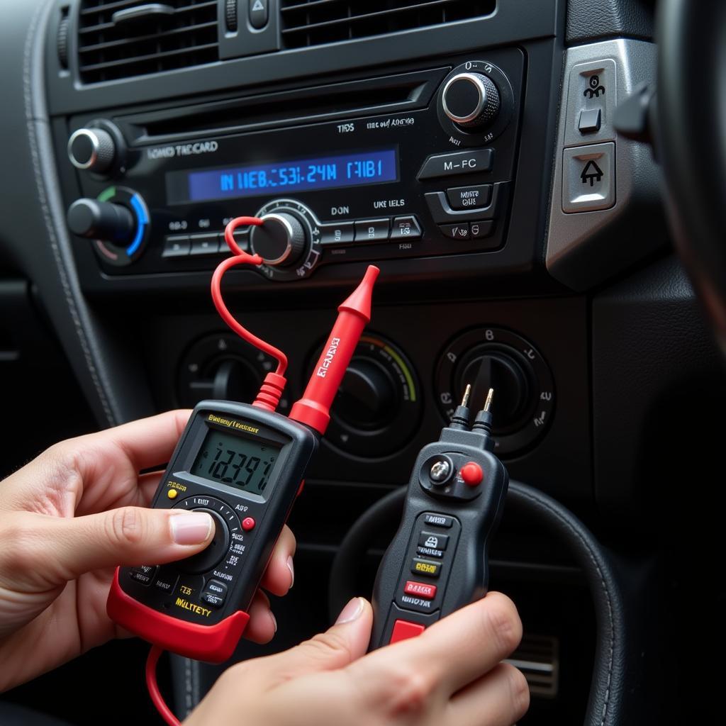 Car Stereo Repair Tools: Multimeter and Wiring Harness