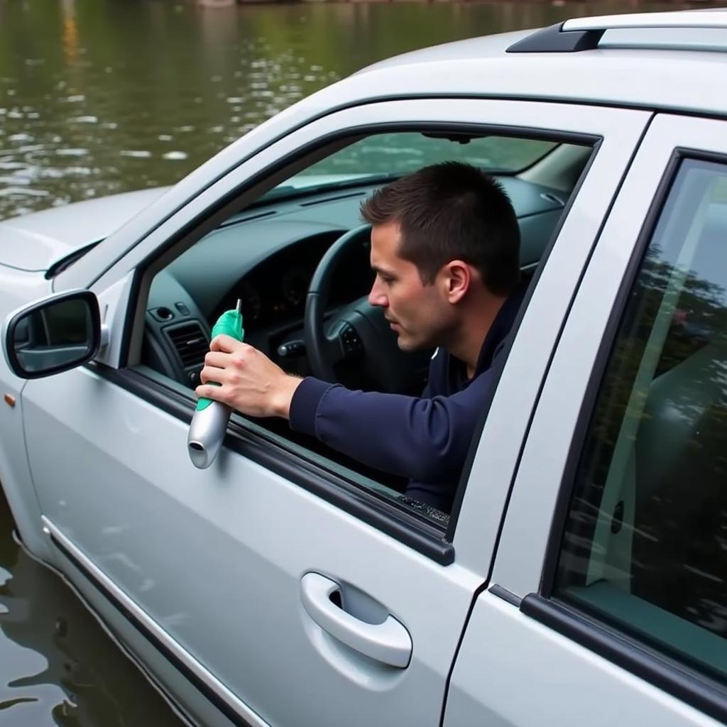 Car Submerged in Water, Escape Tool in Use