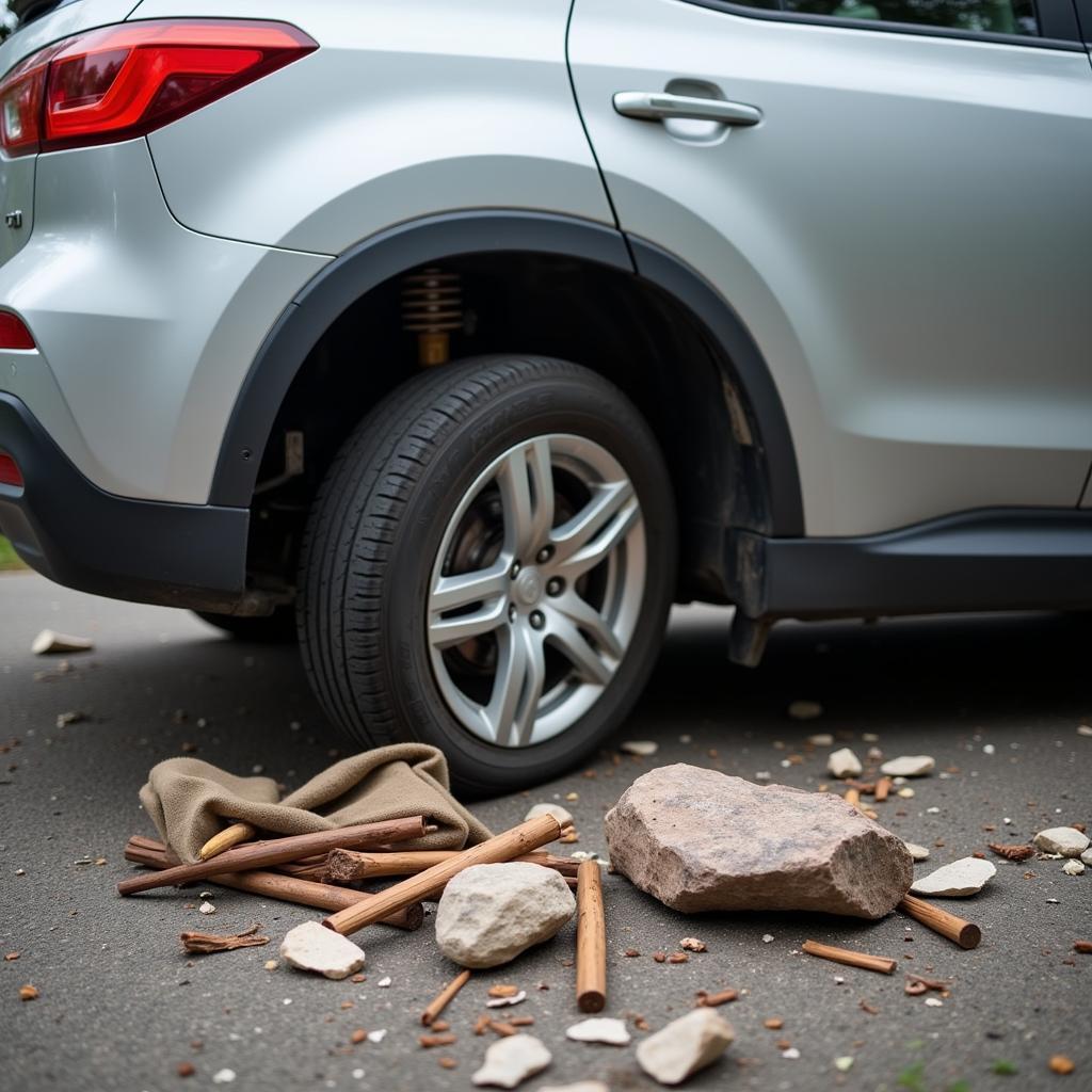 Car tire changed with improvised tools roadside