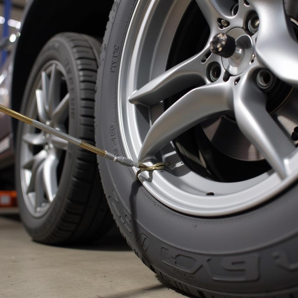 Car tire stud insertion tool being used to install studs on a winter tire