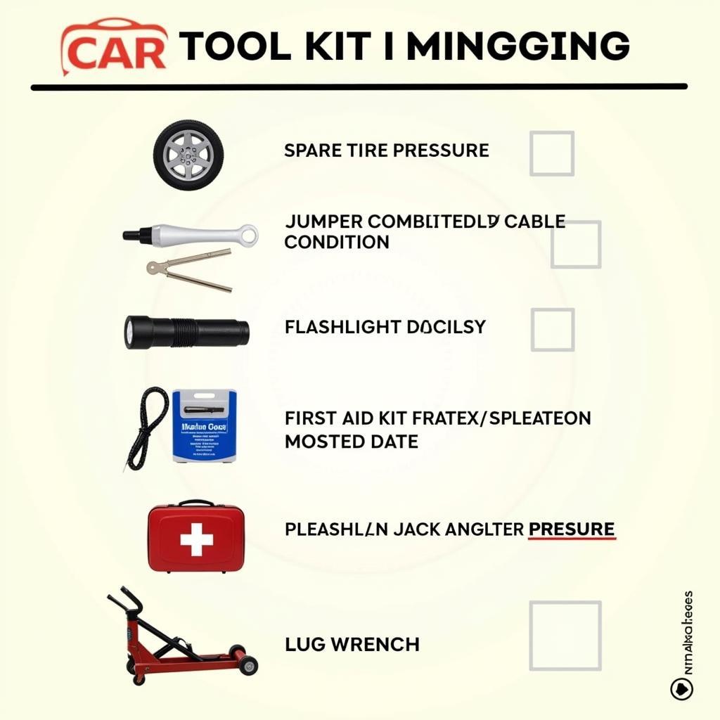 Car tool kit maintenance checklist with essential items to inspect regularly.