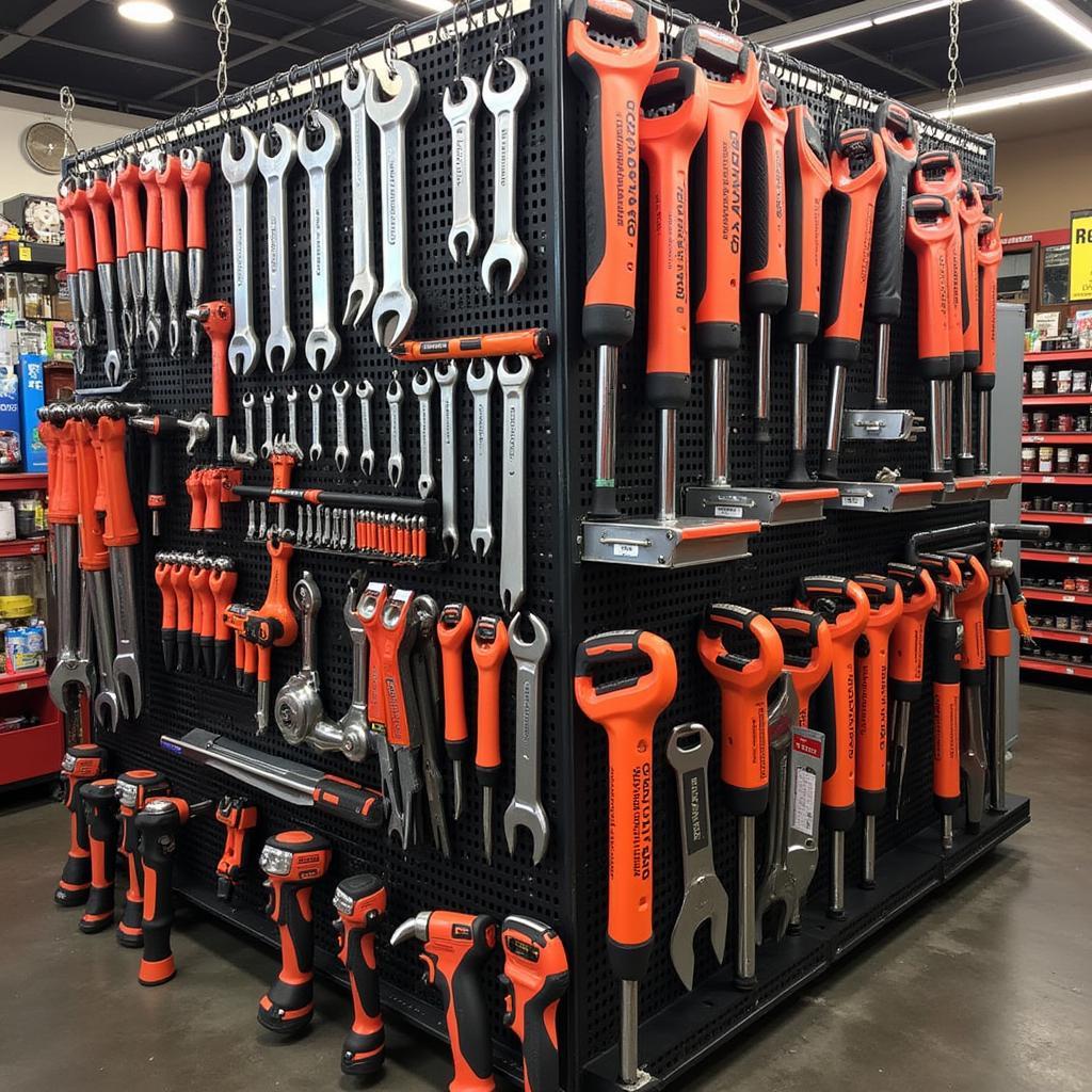 Car tool rental store display showcasing various tools